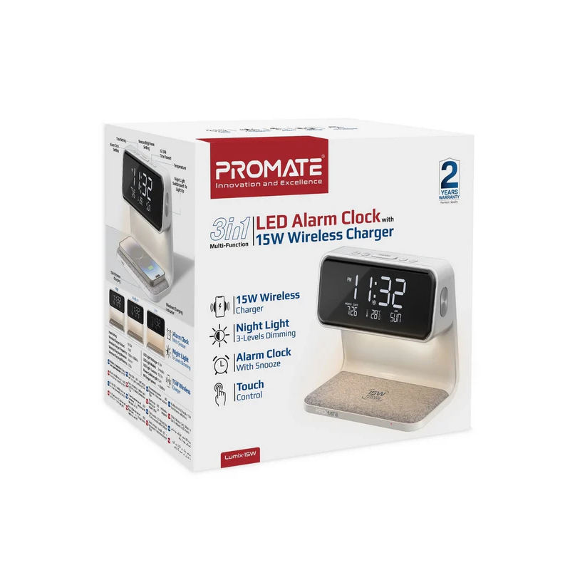 Promate Lumix-15 Multi-Function LED Alarm Clock with 15W Wireless Charger a