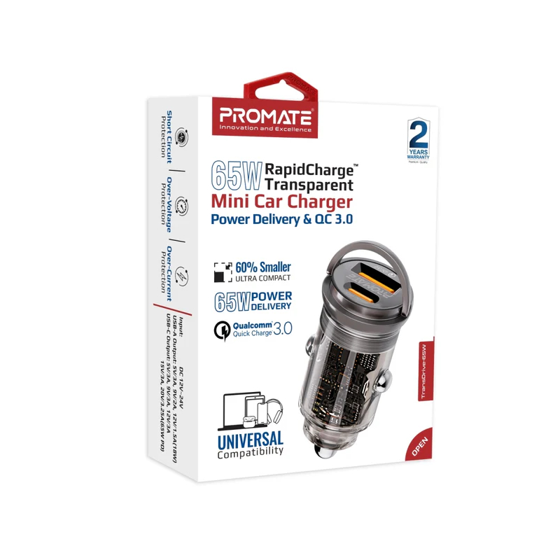 Promate TransDrive-65W RapidCharge Transparent Mini Car Charger a